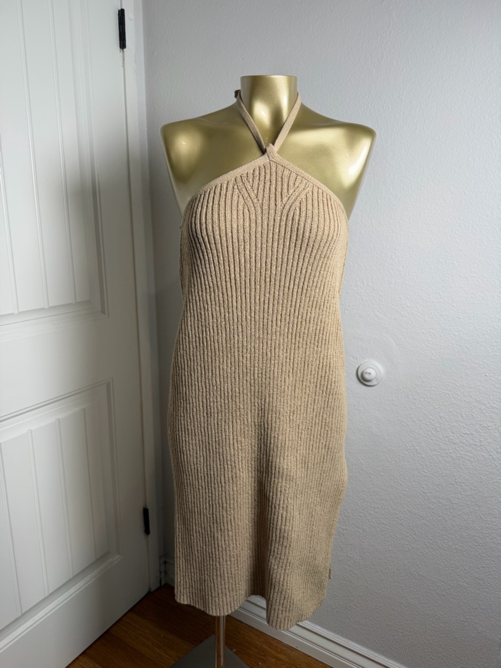 cult gaia Tan Ribbed Halter Knit Dress XS